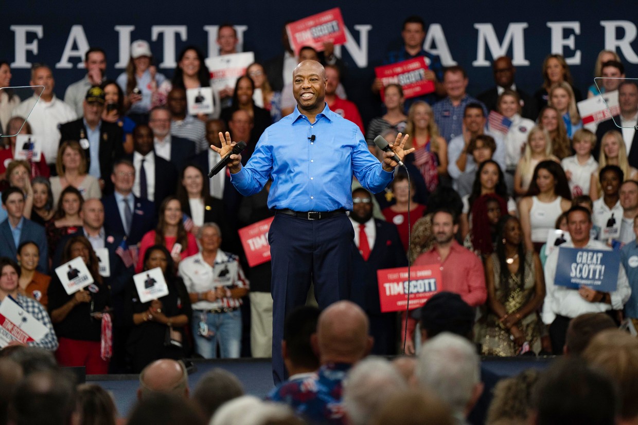 Sen. Tim Scott, R-S.C., announces his run for the 2024 Republican presidential nomination in North Charleston, S.C., on May 22, 2023.