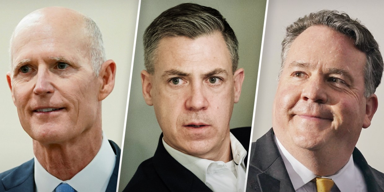 From left, Sen. Rick Scott, R-Fla., Rep. Jim Banks, R-Ind., and Rep. Alex Mooney, R-W.Va.