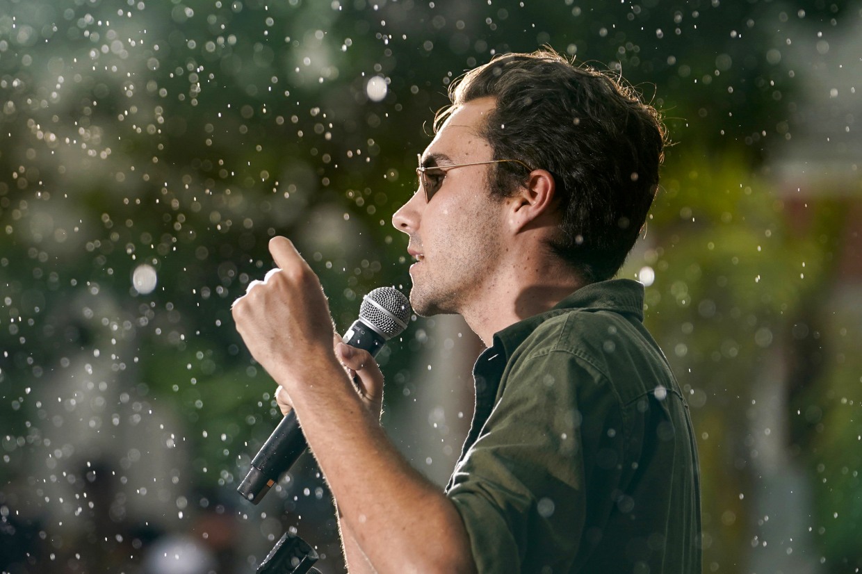 David Hogg speaks at a rally in Florida in 2023.