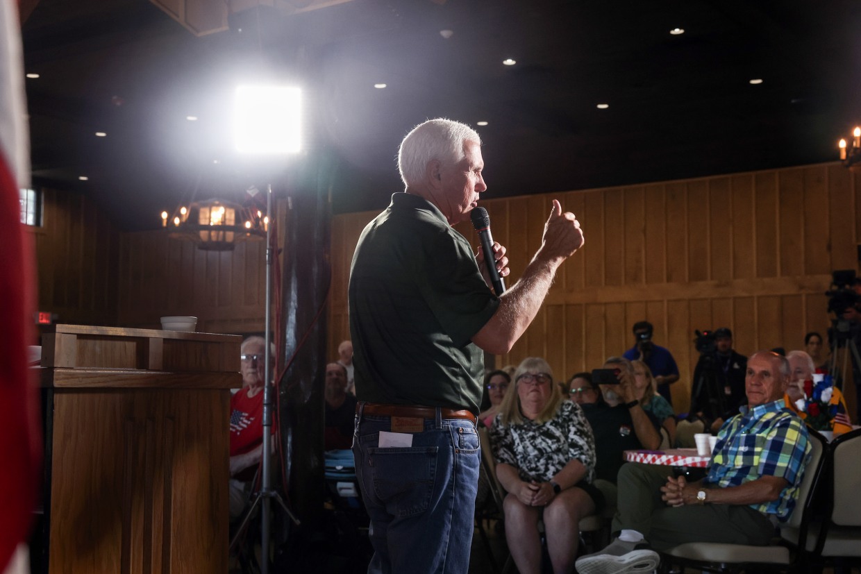 Republican presidential candidate former Vice President Mike Pence speaks on July 30, 2023 in Clinton, Iowa.