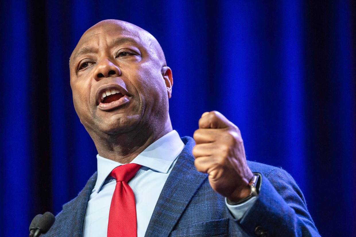 US Senator and 2024 Republican Presidential hopeful Tim Scott speaks at the Republican Party of Iowa's 2023 Lincoln Dinner at the Iowa Events Center in Des Moines, Iowa, on July 28, 2023.