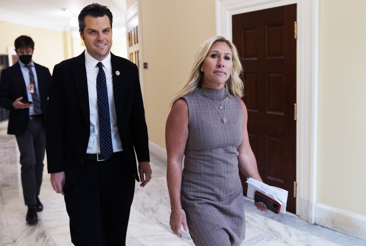 Matt Gaetz, left, and Marjorie Taylor Greene in the Cannon Building, in Washington D.C