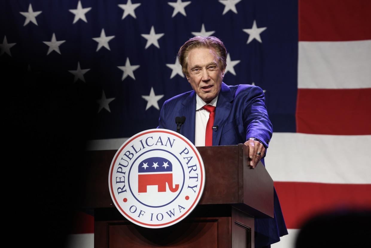 Republican presidential candidate businessman Perry Johnson speaks to guests in Des Moines, Iowa on July 28, 2023. 