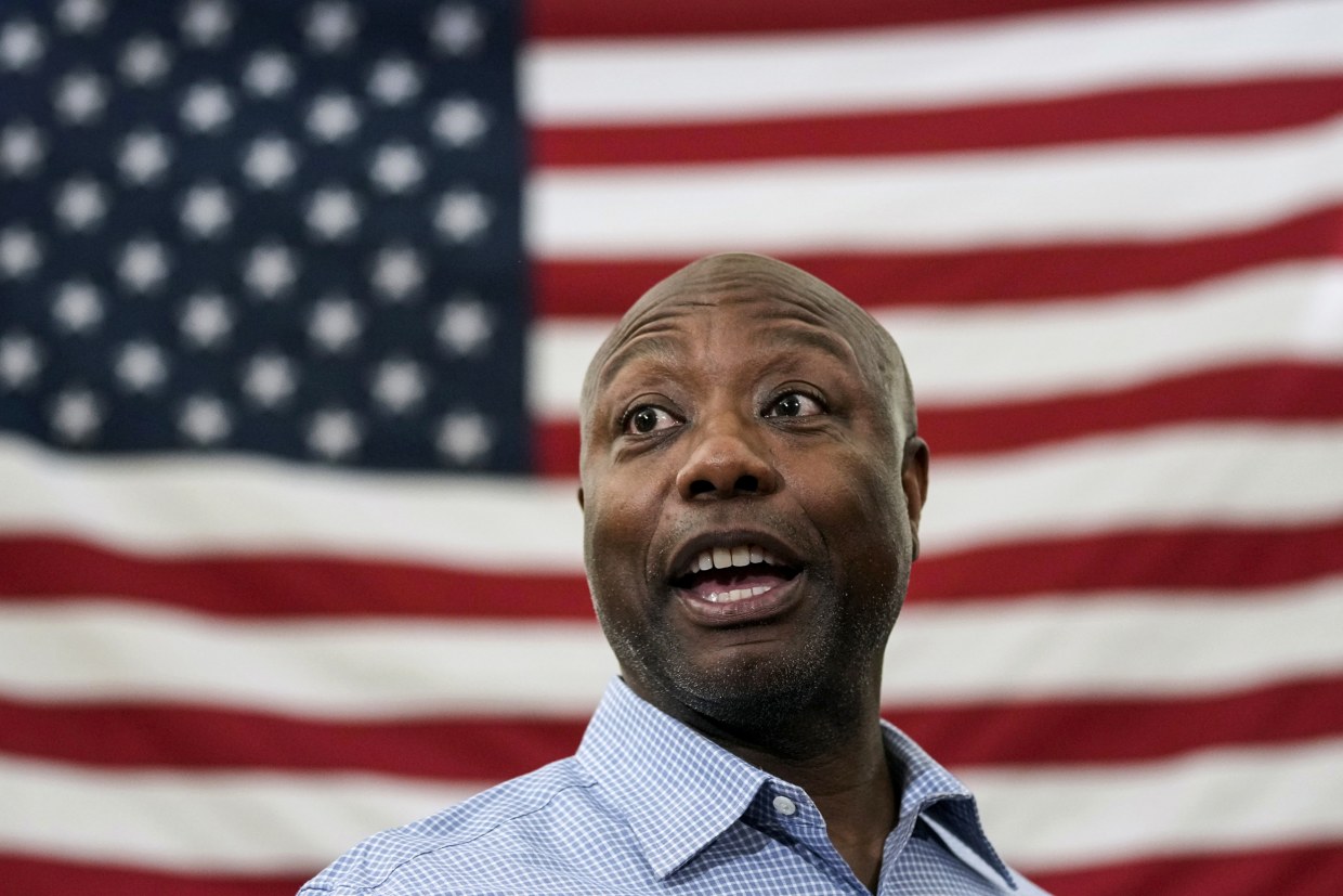 Sen. Tim Scott, R-S.C., in Oskaloosa, Iowa, on Aug. 31, 2023.