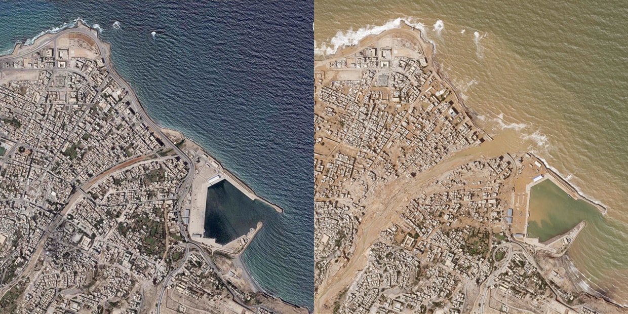 Imagens de satélite mostram Derna em 2 de setembro à esquerda, antes das enchentes, e na teça (13) após a tragédia. (Foto: Planet Labs PBC/AP)