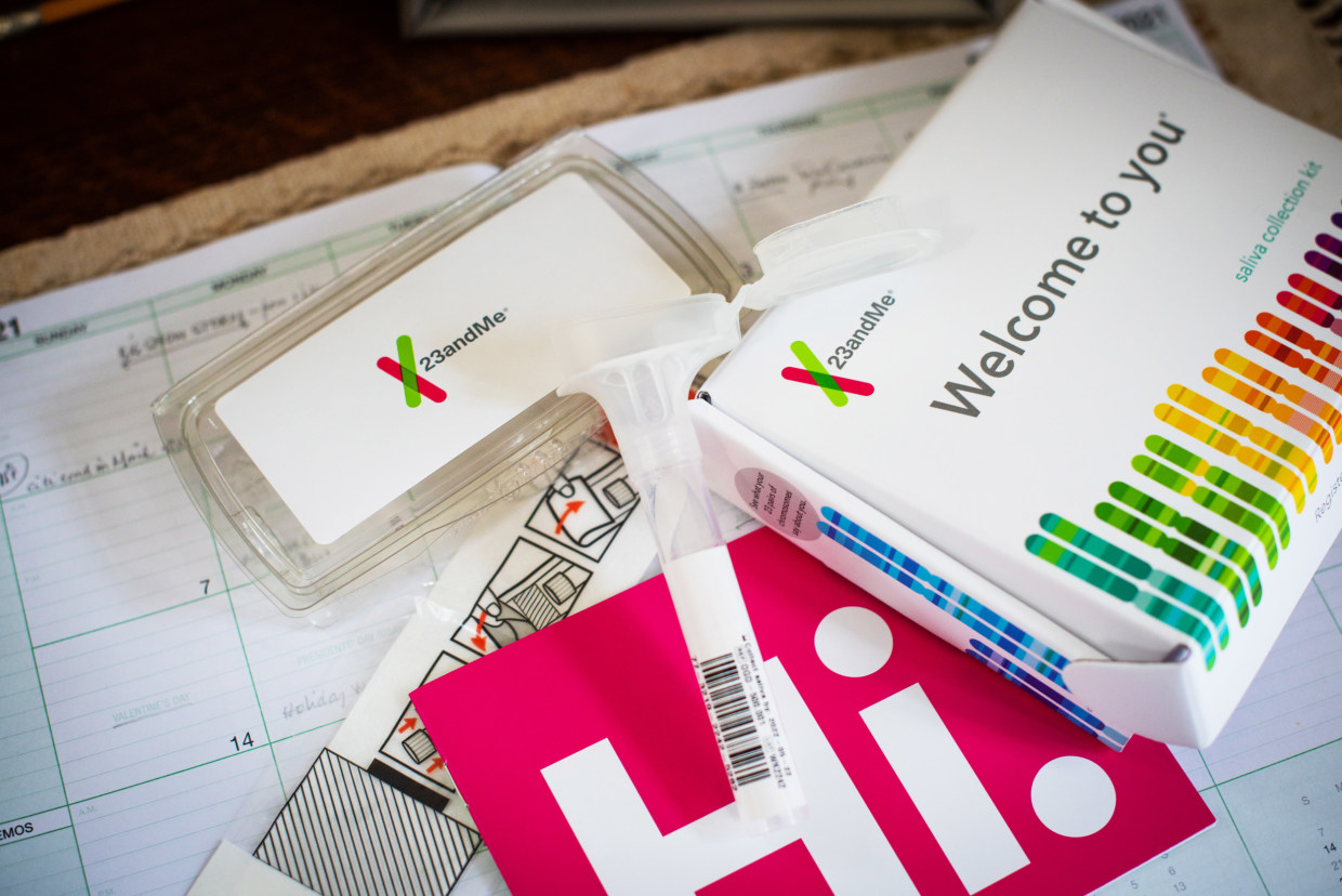 A 23andMe DNA kit is arranged on a table in Dobbs Ferry, New York
