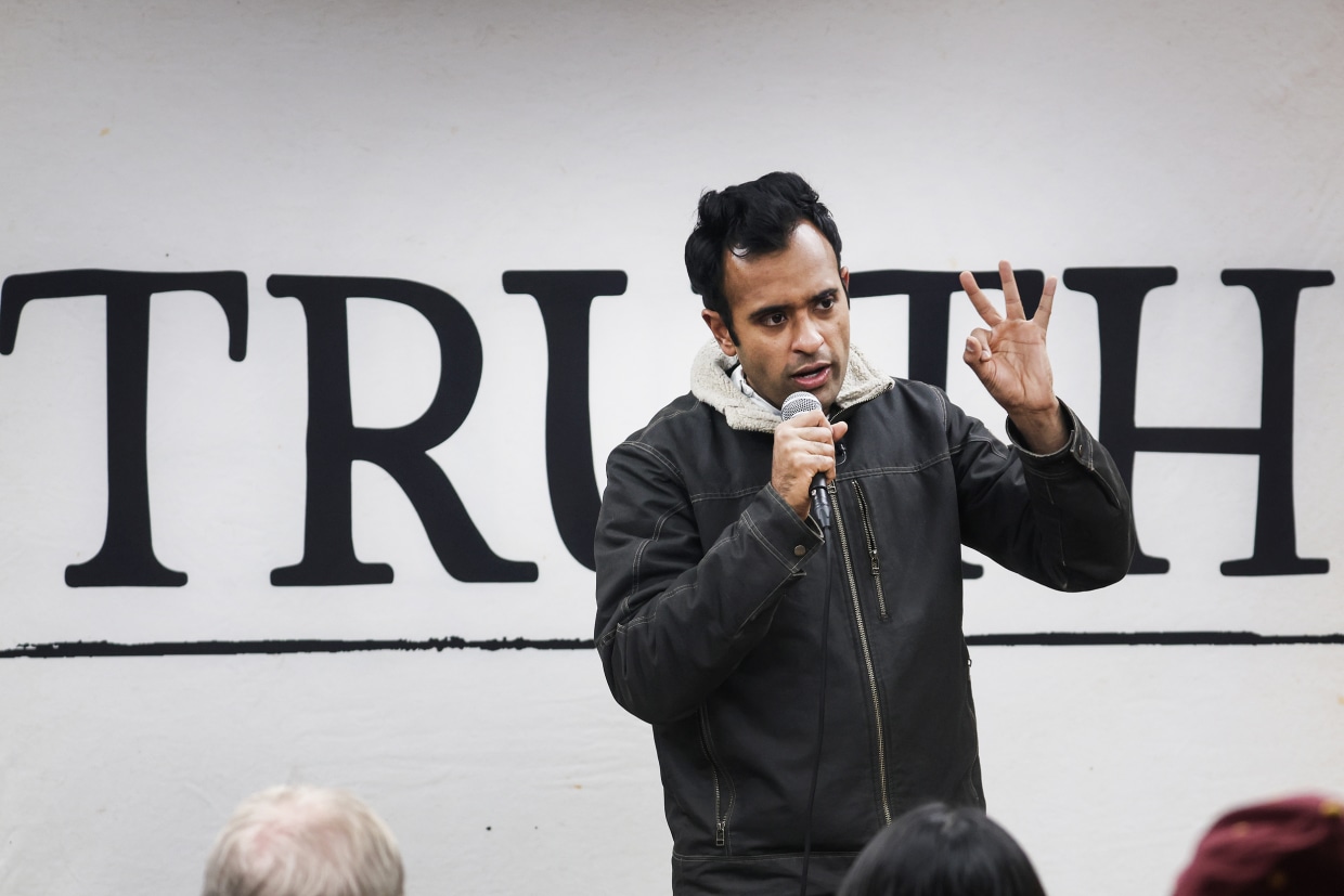 Republican presidential candidate and businessman Vivek Ramaswamy during a campaign stop in Webster City, Iowa on Dec. 19, 2023.
