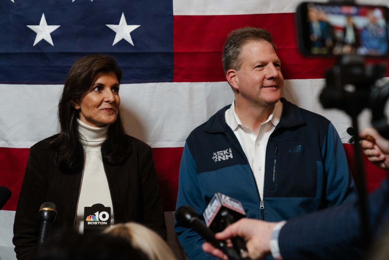 Republican Presidential Candidate Nikki Haley and New Hampshire Gov. Chris Sununu speak to members of the press after Sununu's endorsement of Haley during a Town hall event at McIntyre Ski Area in Manchester, New Hampshire