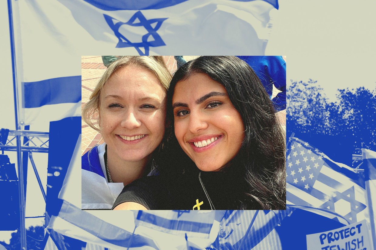 Photo collage of Abby Yosian and  a campus counter-protest at UCLA
