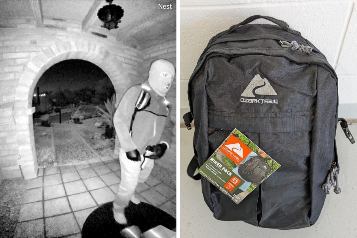 Images posted to X by FBI Phoenix on Feb. 12, 2026, show surveillance footage of a masked man and a black Ozark Trail brand backpack.