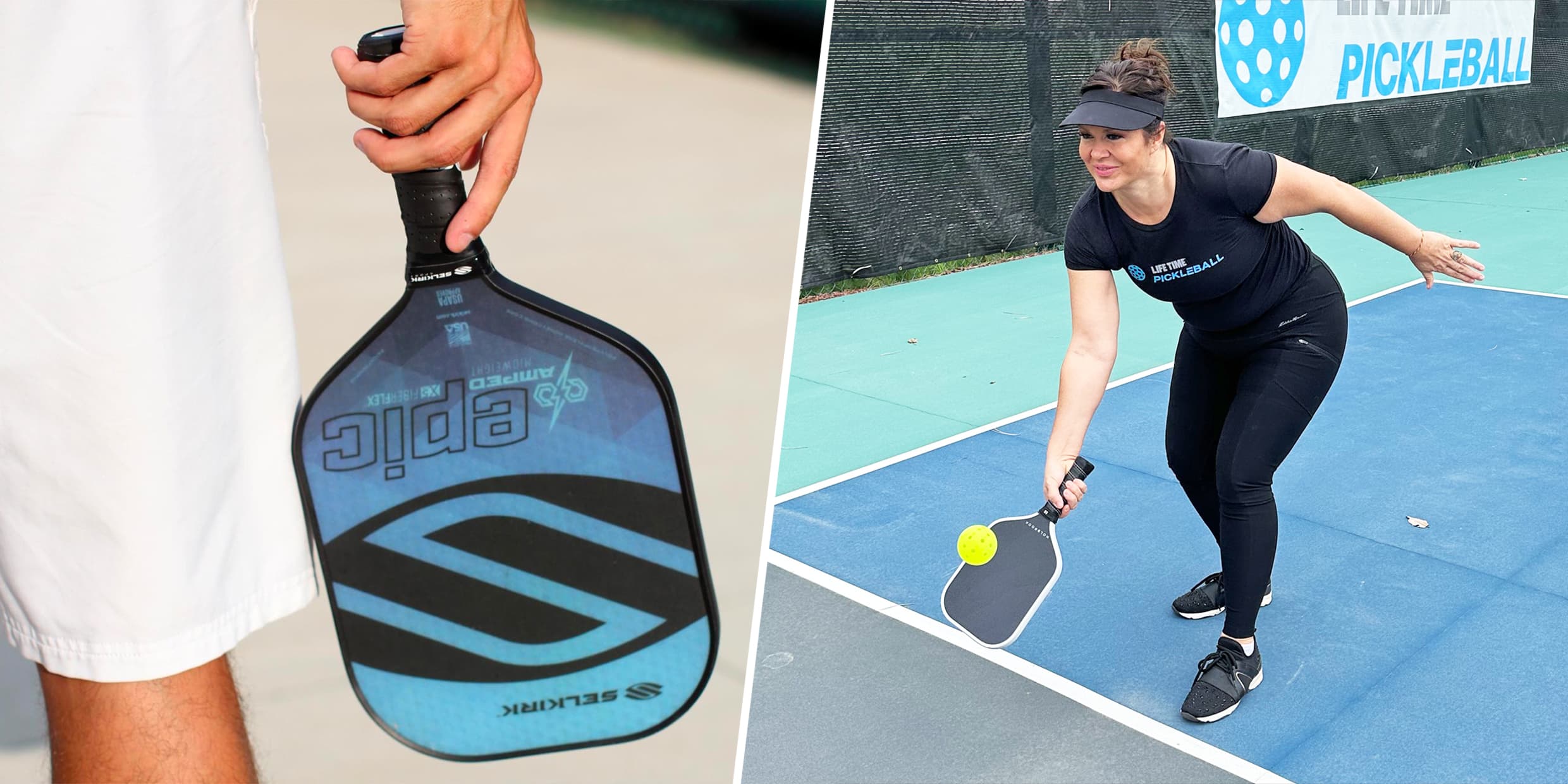 Selkirk AMPED Epic pickleball paddle next to Lifetime Pickleball player.