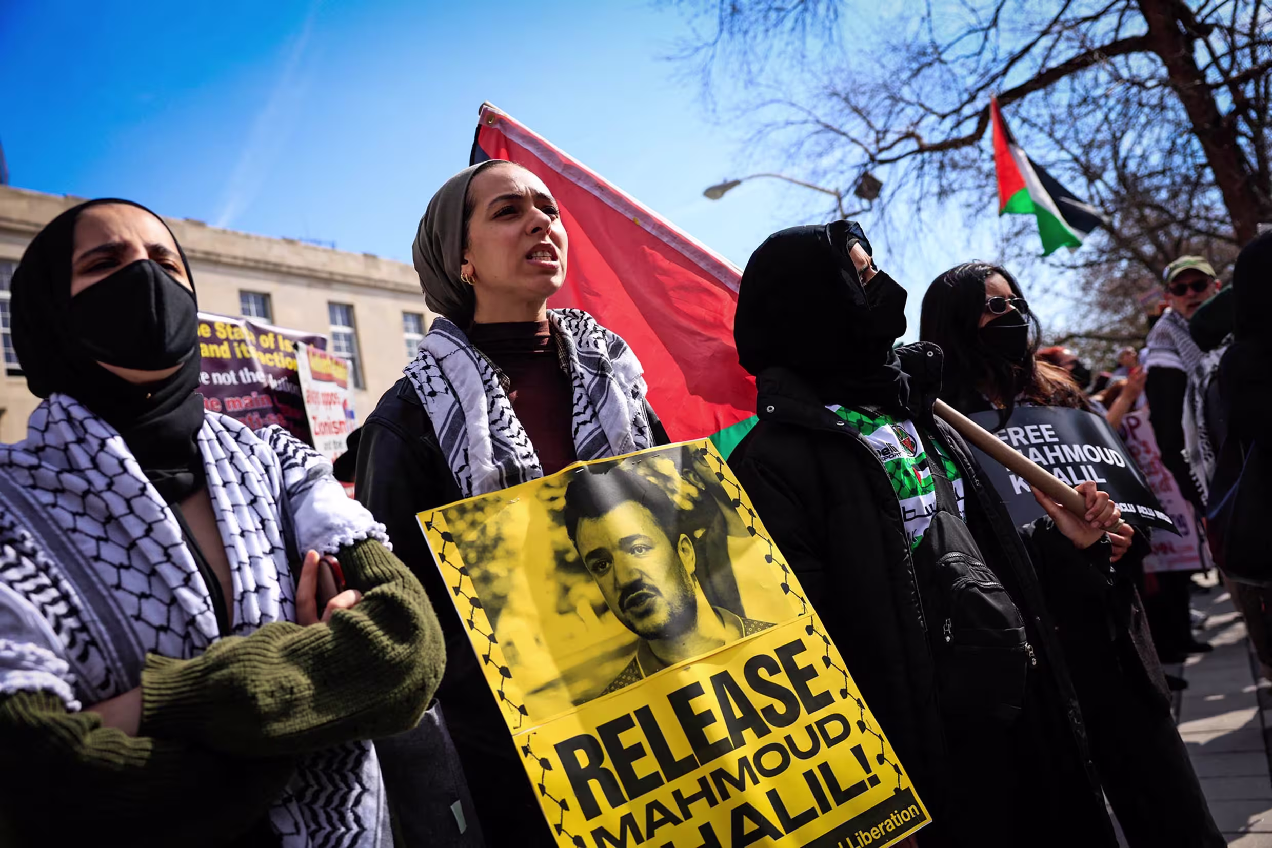 Supporters of Columbia University student activist Mahmoud Khalil protest outside the court in Newark, N.J., while a hearing takes place on March 28.