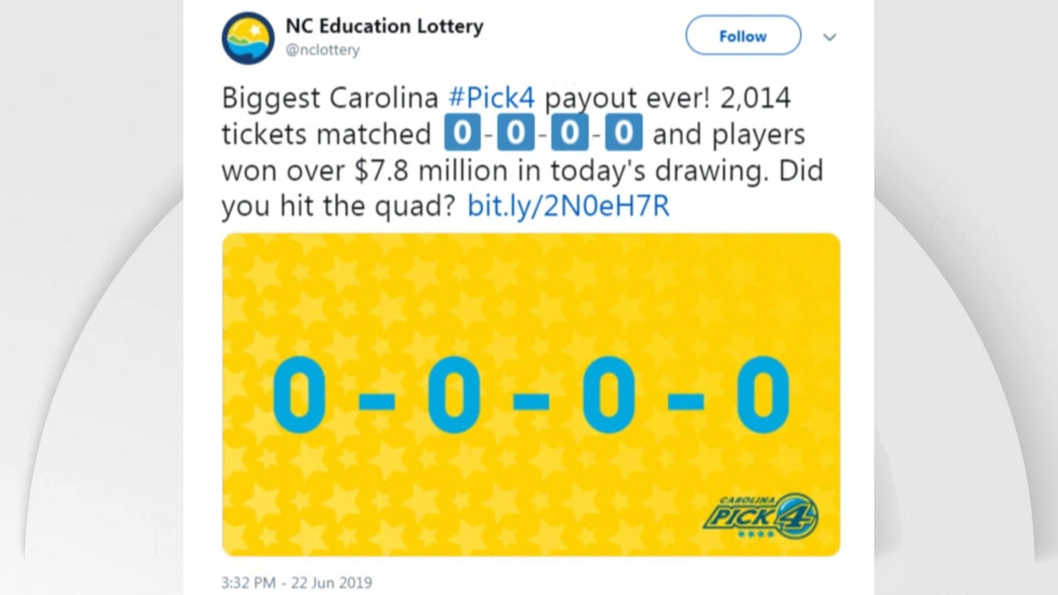 More than 2,000 people win North Carolina lottery by picking '0-0-0-0