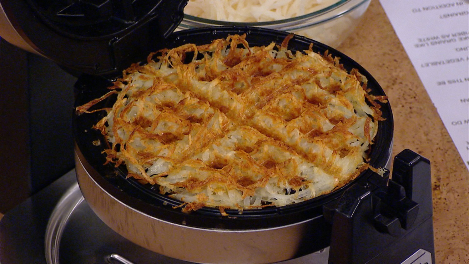 Hash Browns Made In Waffle Maker Kitchen Hack Stock Photo