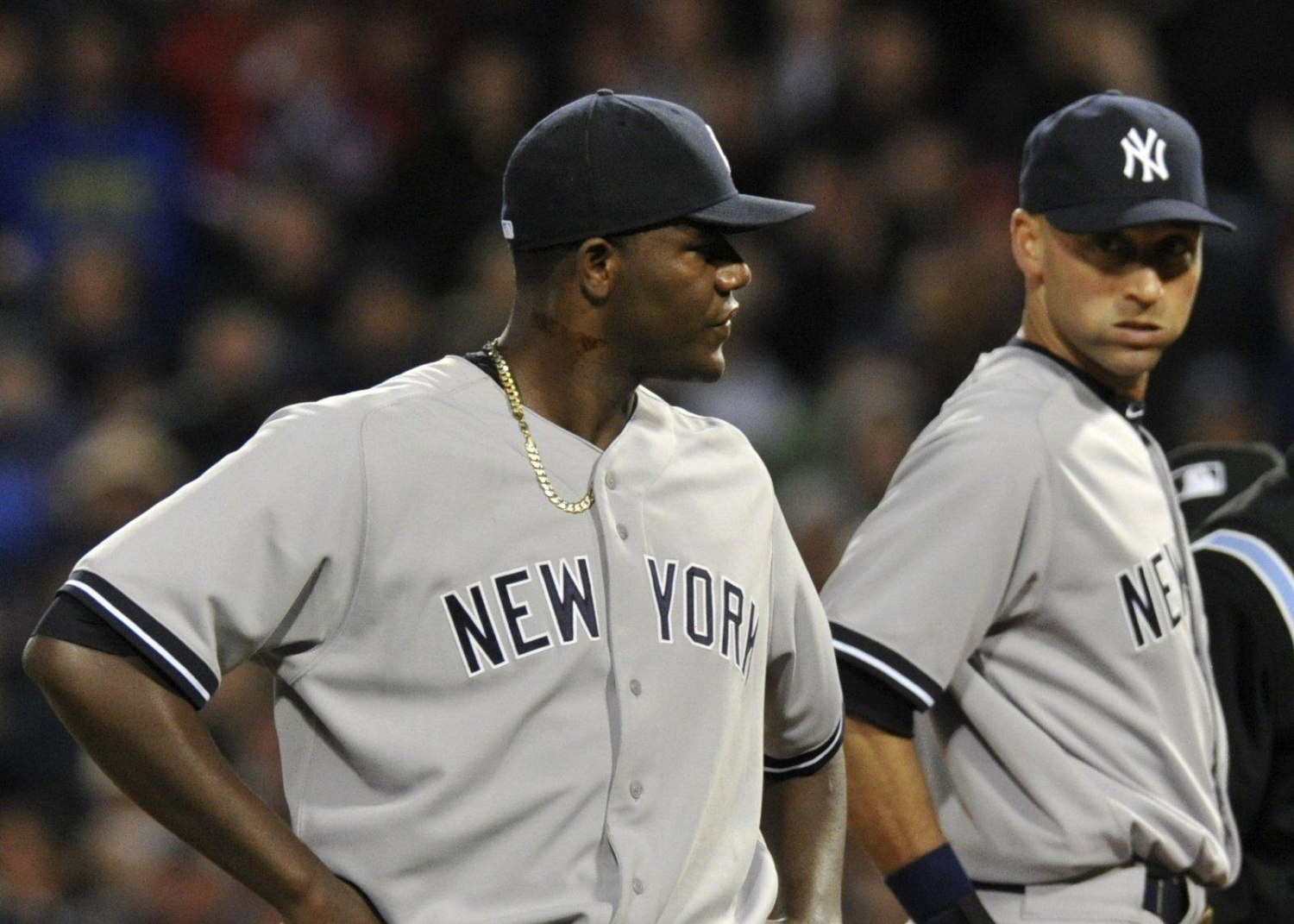 Pine tar is shown on the back of the jersey of Boston Red Sox