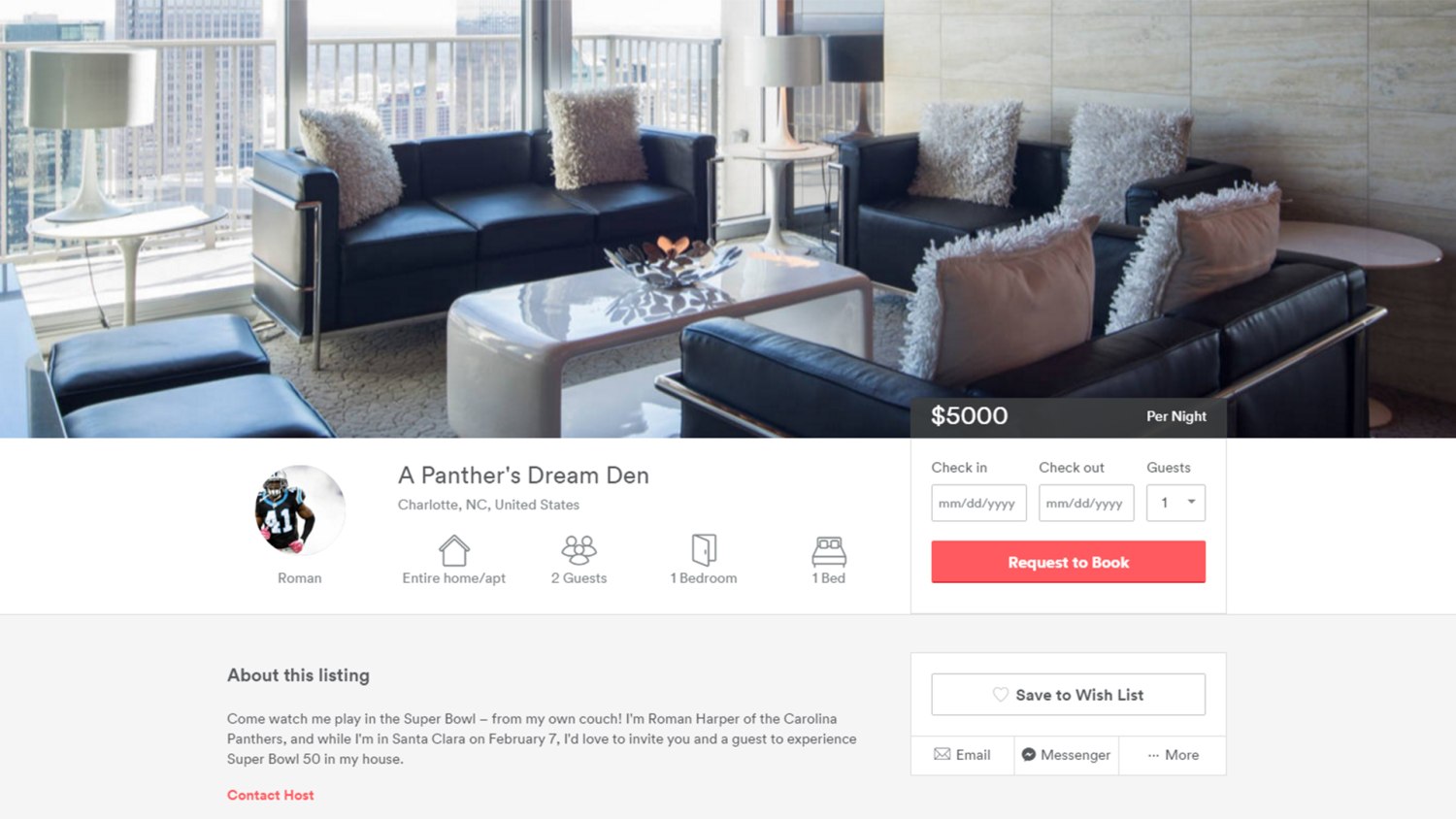 Carolina Panther Roman Harper lists his home on Airbnb for Super Bowl  weekend