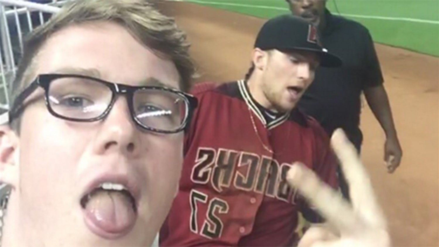 Fan takes selfie after outfielder Brandon Drury dives into stands for catch