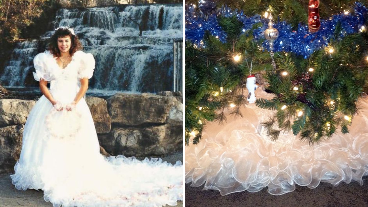 turn wedding dress into christmas tree skirt Upcycled wedding dress into a tree skirt