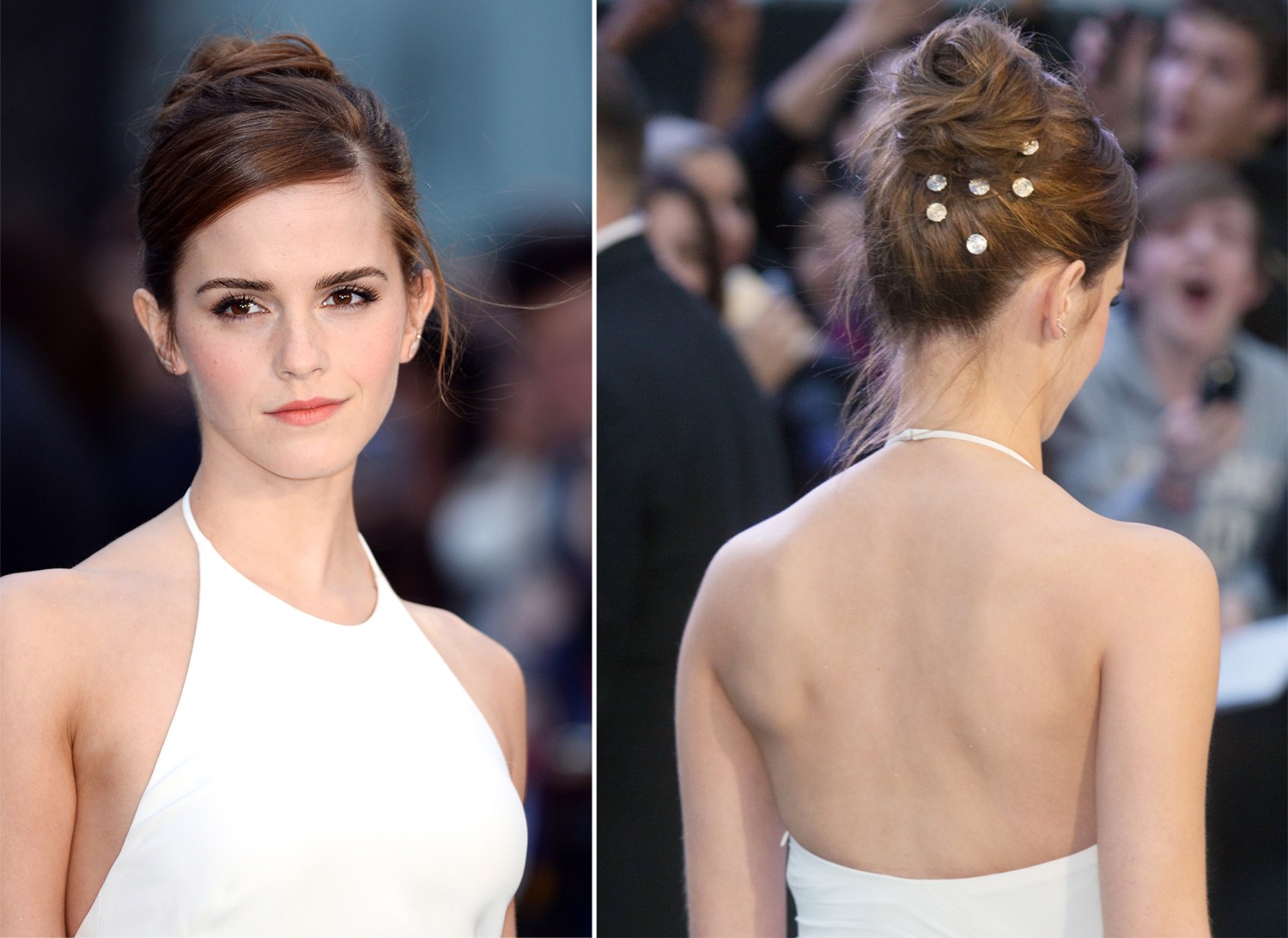 Emma Watson with her hair cut boyish short and around her ears in a pixie