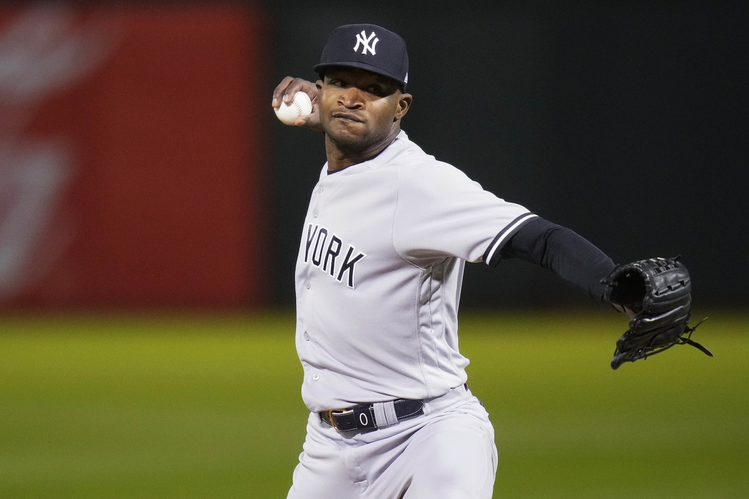 Bronx, United States. 27th May, 2021. New York Yankees starting pitcher  Domingo German (55) pitches in the first inning of Game 1 of a doubleheader  against the Toronto Blue Jays at Yankee