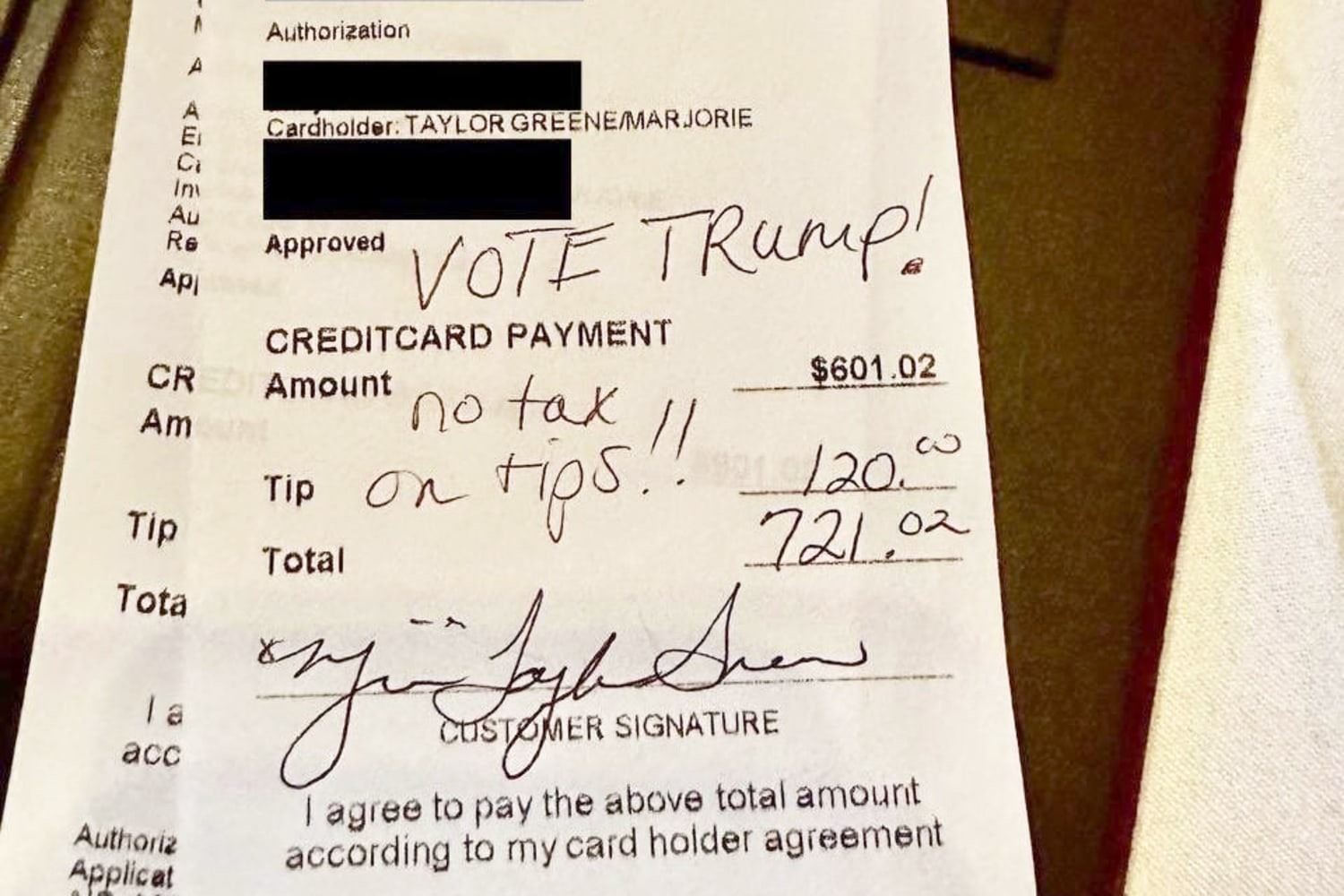 MTG receipt extolling the Trump no tax on tips plan is cynical gimmick