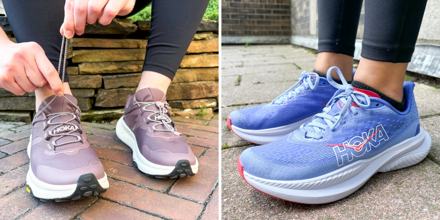 Various Hoka women's walking shoes displayed for comparison testing