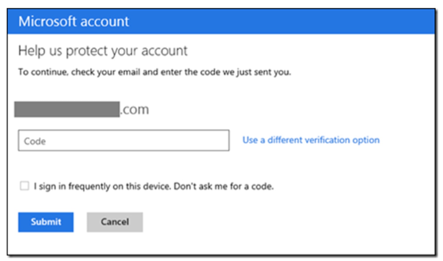 Microsoft help. Enter the code we just sent you via email.