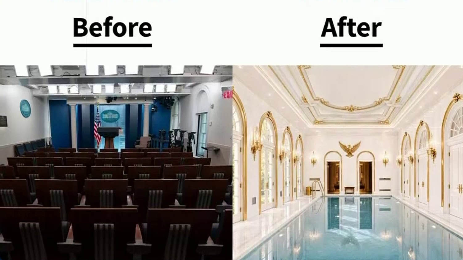 Trump publica una imagen que propone reemplazar la sala de prensa de la Casa Blanca por una piscina