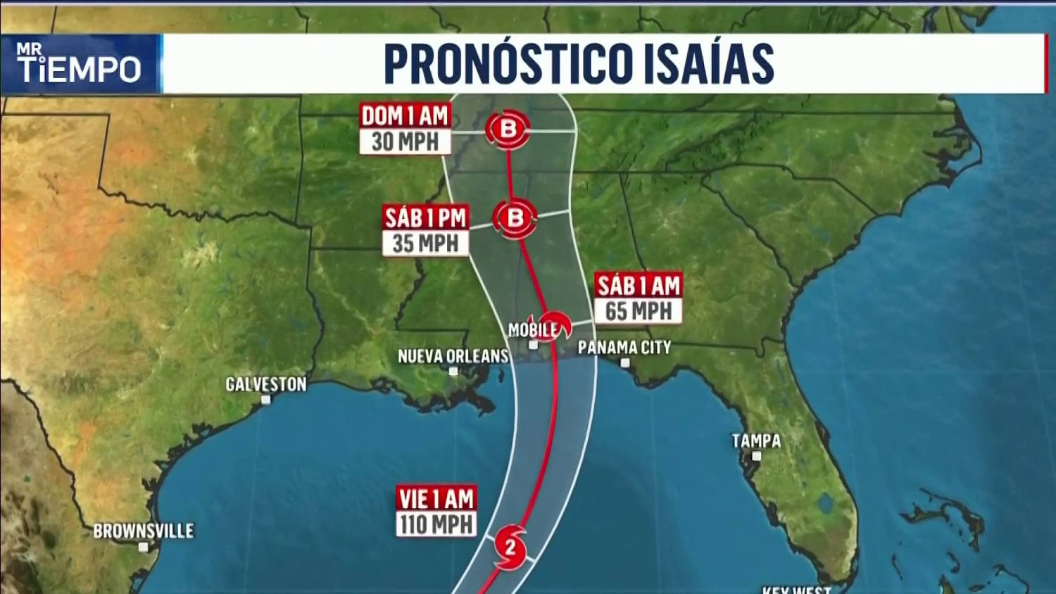 Vea el punto de la costa del Golfo donde se pronostica el impacto directo del huracán Isaías