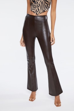 Dark Brown Faux Leather Flare Pants - Women's Slit France