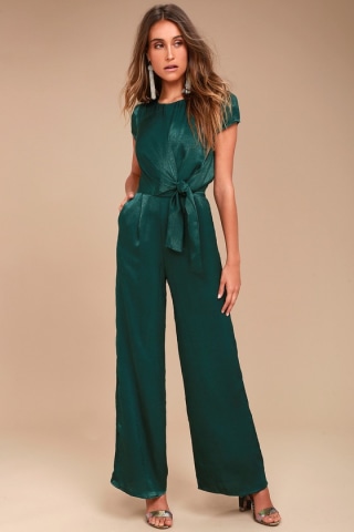 Forest Green Satin Wide-Leg Jumpsuit