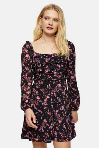 Ruched Floral Print Mini Tea Dress