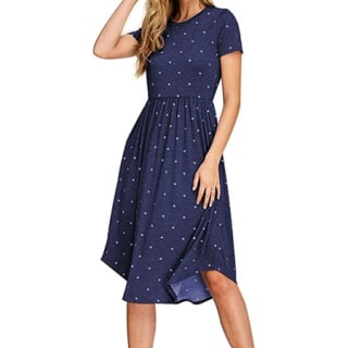 YUNDAI Women's Long Sleeve Polka Dot Casual Dress Pleated Plus Midi Dress with Pocket XX-Large, Navy