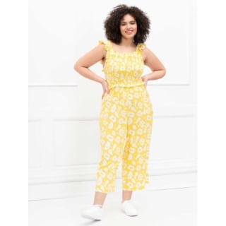 ELOQUII Elements Women's Plus Size Stencil Print Smocked Cropped Jumpsuit
