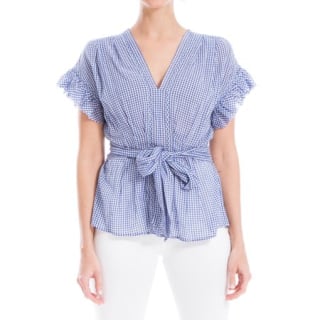 Max Studio Women's Short Sleeve Yarn Dye Woven Top