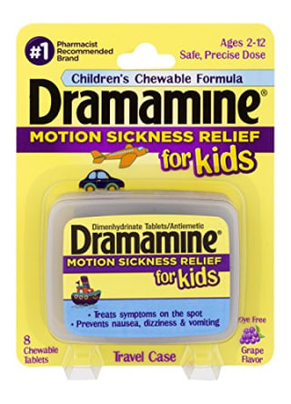 Dramamine Motion Sickness Relief for Kids | Grape Flavor | 8 Count | Children&#039;s Chewable Formula to Prevent Nausea, Dizziness, and Vomiting (Pack of 1)