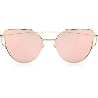 SOJOS Cat Eye Mirrored Flat Lenses Street Fashion Metal Frame Women Sunglasses SJ1001 with Gold Frame/Pink Mirrored Lens