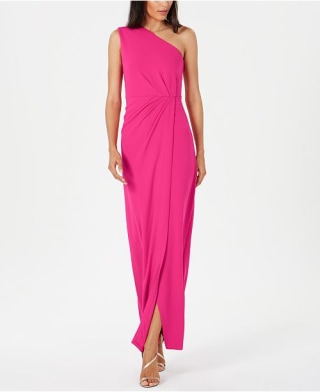 Calvin klein pearl neck ruffle draped evening gown best sale