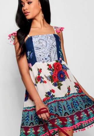 Patchwork Print Pom Pom Smock Dress