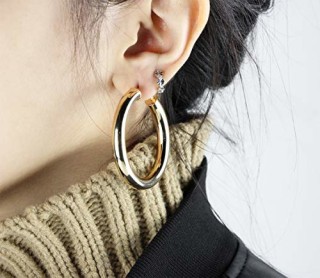 Gold Hoop Earrings 2 inch Round Tube Statement Large Hoops Yellow Gold Plated Lightweight Solid Hoop Earrings for Women Girls