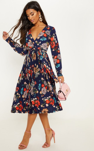 Navy Floral Long Sleeve Pleated Midi Dress