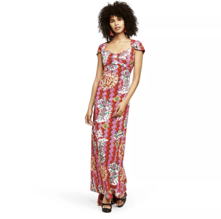 Safety-Pin Print Cap Sleeve Sweetheart Neck Maxi Dress