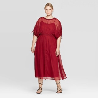 Prologue Plus-Size Elbow-Sleeve Crewneck Midi Dress