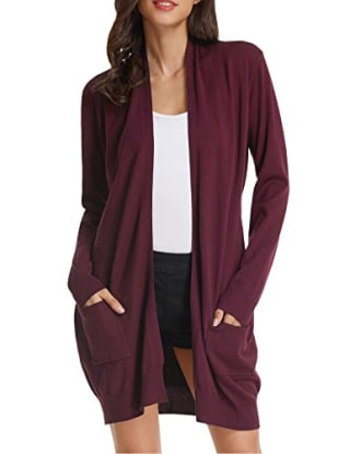 Women's Open Front Lightweight Sweaters Cardigan (S,Wine)