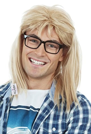 90s Guitar Rocker Blonde Wig + Black Glasses Mens 80s Punk Heavy Metal Blonde Mullet Wigs Fits Men &amp; Kids