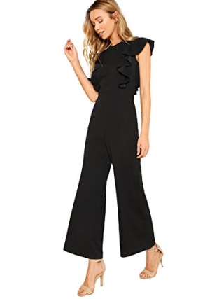 ROMWE Women's Casual Sleeveless Ruffle Trim Jumpsuit
