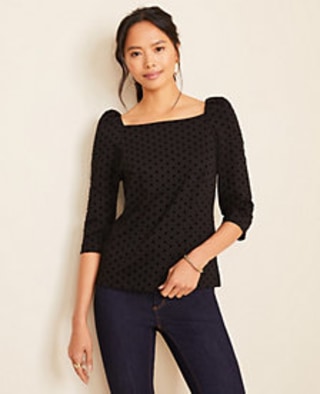 Velvet Dot Puff Sleeve Square Neck Top