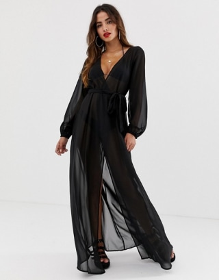 Long Sleeve Wrap Tie Chiffon Dress