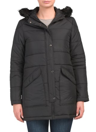 Hooded Angled Patch Pocket Puffer Coat 