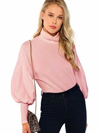 Romwe Women's Casual High Neck Pullover Tops Long Sleeve Sweatshirt Pink S